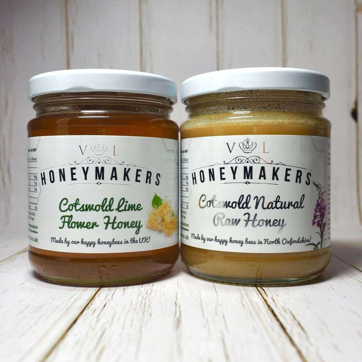 Cotswold lime flower honey and natural raw honey duo. 340g each