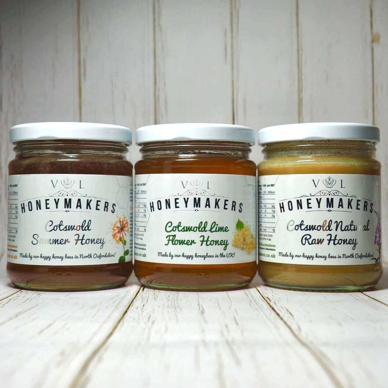 Honety Triple Pack: Summer, Lime blossom and raw. Each jar is 340g.